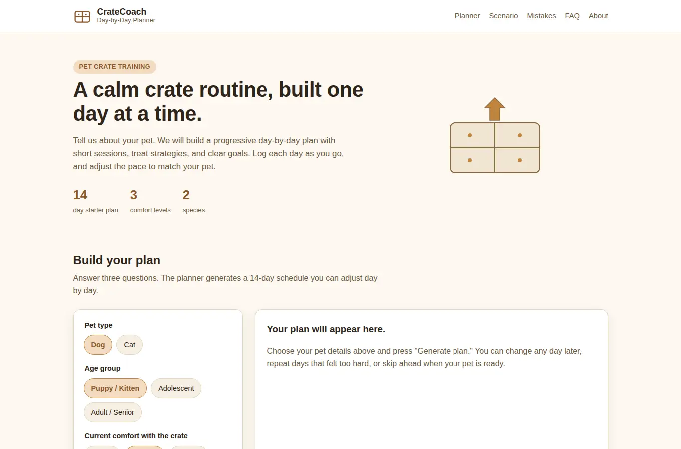 Screenshot of CrateCoach: Pet Crate Training Day-by-Day interface showing the project page in use
